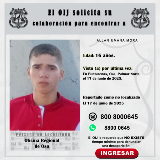 No localizado OIJ Osa: Allan Umaña Mora