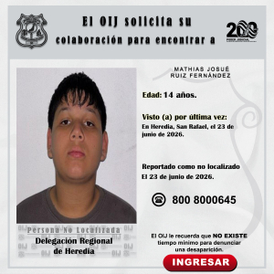 No localizado OIJ Heredia: Mathias Josué Ruiz Fernández