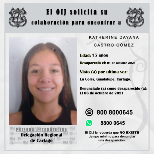Desaparecida OIJ Cartago: Katherine Dayana Castro Gómez