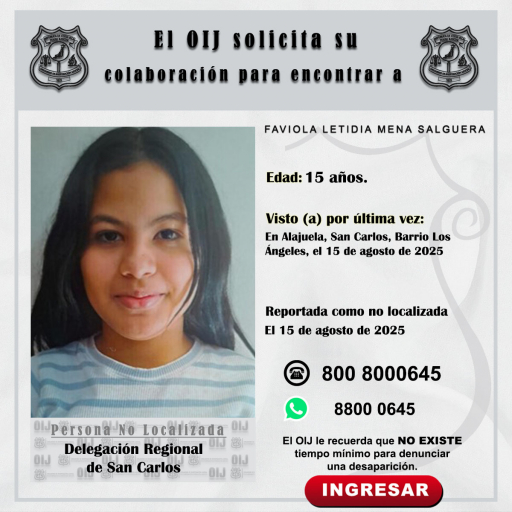 No localizada OIJ San Carlos: Faviola Letidia Mena Salguera