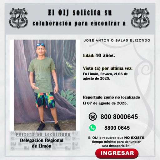No localizado OIJ Limón: José Antonio Salas Elizondo