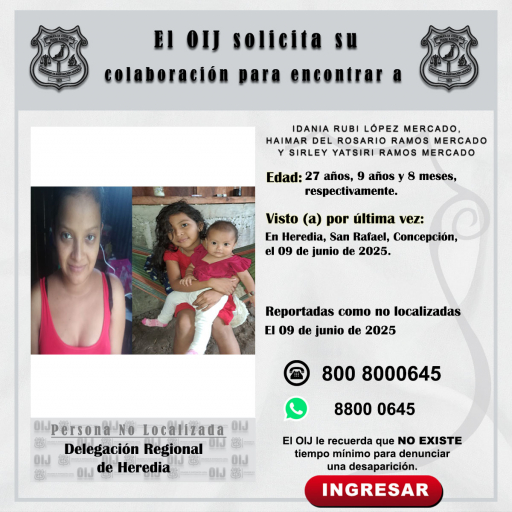 No localizadas OIJ Heredia: Idania Rubí López Mercado, Haimar del Rosario Ramos Mercado y Sirley Yatsiri Ramos Mercado
