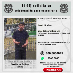 Desaparecido OIJ San José: Jeremy Josué Ramírez Arroyo