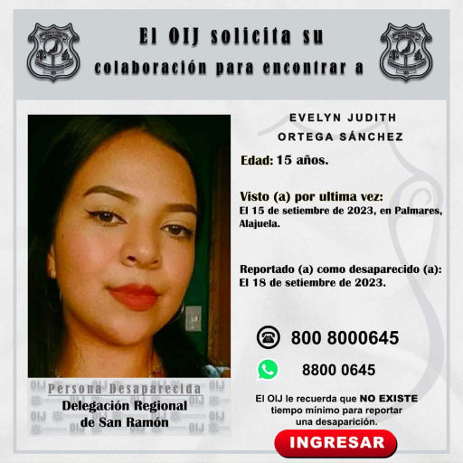 Desaparecida OIJ San Ramón: Evelyn Judith Ortega Sánchez