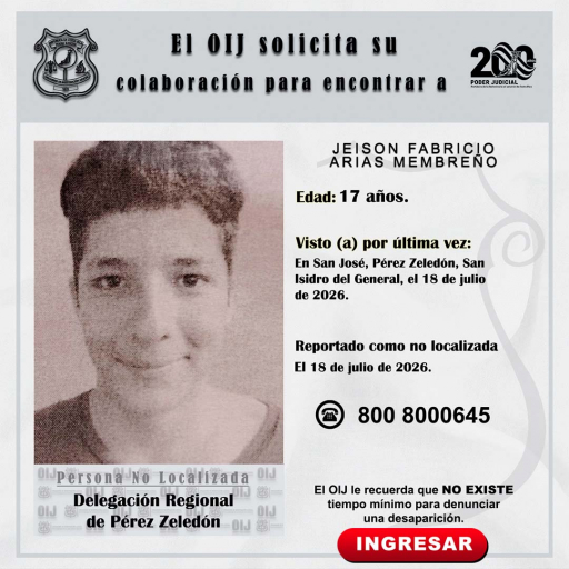 No localizado OIJ Pérez Zeledón: Jeison Fabricio Arias Membreño