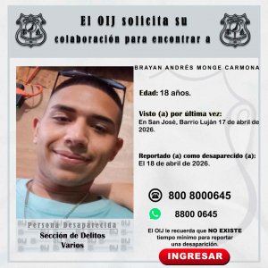 Desaparecido OIJ San José: Brayan Andrés Monge Carmona