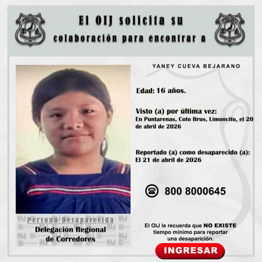 Desaparecida OIJ Corredores: Yaney Cueva Bejarano