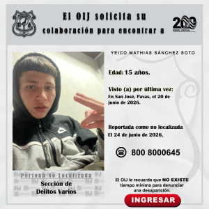 No localizado OIJ San José: Yeico Mathias Sánchez Soto