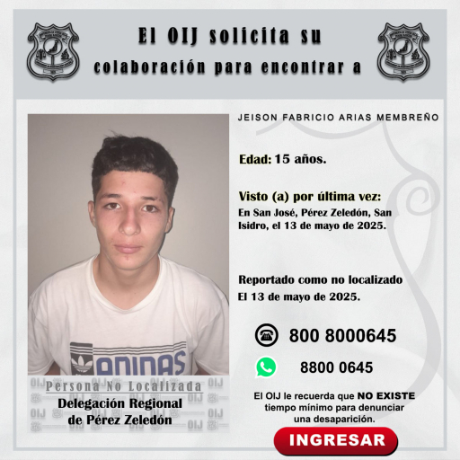 No localizado OIJ Pérez Zeledón: Jeison Fabricio Arias Membreño