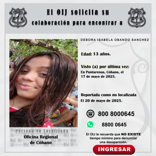 No localizada OIJ Cóbano: Debora Isabela Obando Sánchez