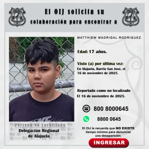 No localizado OIJ Alajuela: Matthiew Madrigal Rodríguez