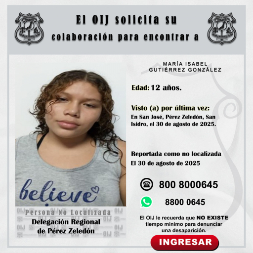 No localizada OIJ Pérez Zeledón: María Isabel Gutiérrez González
