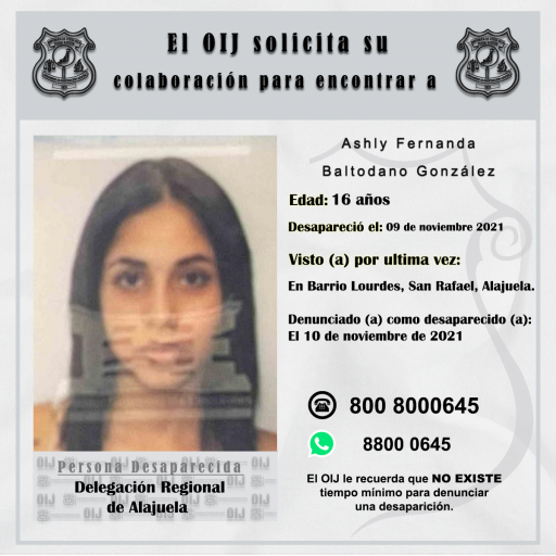 Desaparecida OIJ Alajuela: Ashly Fernanda Baltodano González