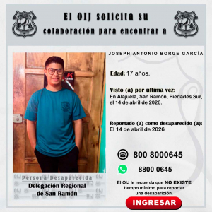 Desaparecido OIJ San Ramón: Joseph Antonio Borge García