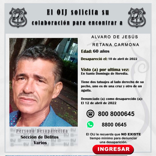 Desaparecido OIJ San José: Alvaro de Jesús Retana Carmona
