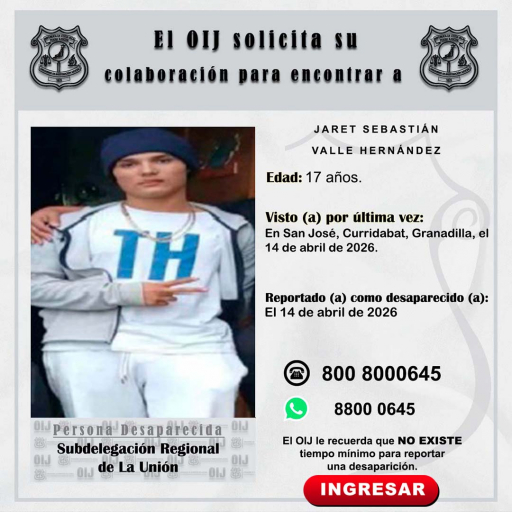 Desaparecido OIJ La Unión: Jaret Sebastián Valle Hernández