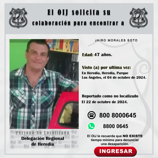 No localizado OIJ Heredia: Jairo Morales Soto