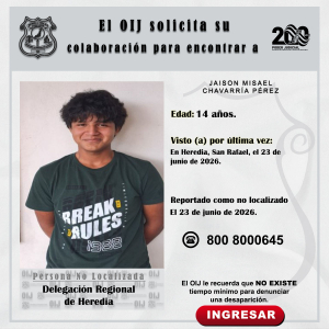 No localizado OIJ Heredia: Jaison Misael Chavarría Pérez
