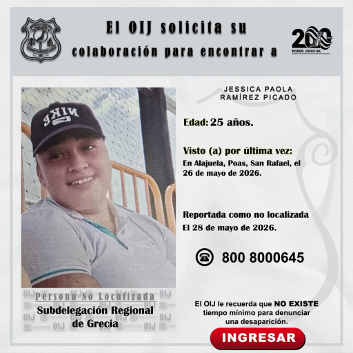 No localizada OIJ Grecia: Jessica Paola Ramírez Picado