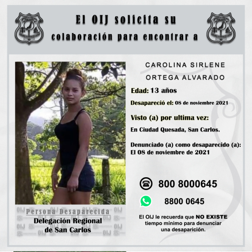 Desaparecida OIJ San Carlos: Carolina Sirlene Ortega Alvarado