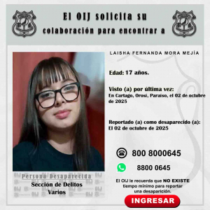 Desaparecida OIJ San José: Laisha Fernanda Mora Mejía