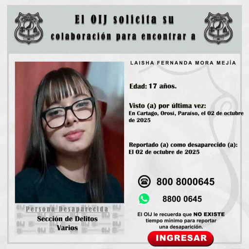 Desaparecida OIJ San José: Laisha Fernanda Mora Mejía