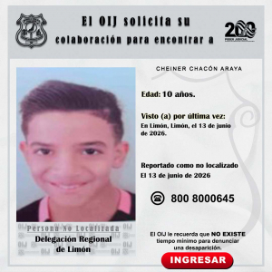No localizado OIJ Limón: Cheiner Chacón Araya