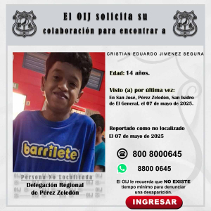 No localizado OIJ Pérez Zeledón: Cristian Eduardo Jiménez Segura