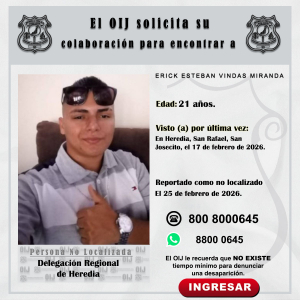 No localizado OIJ Heredia: Erick Esteban Vindas Miranda
