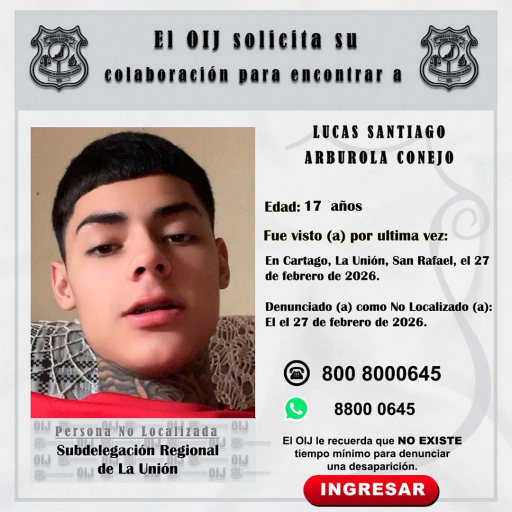 No localizado OIJ La Unión: Lucas Santiago Arburola Conejo