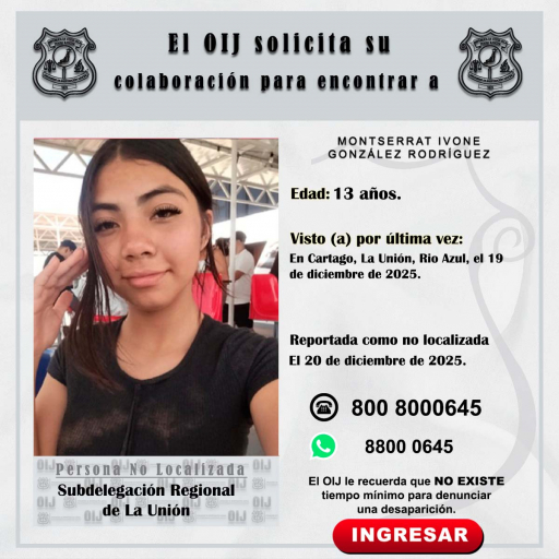 No localizada OIJ La Unión: Montserrat Ivone González Rodríguez