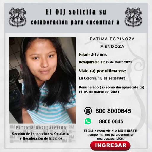 Desaparecida OIJ San José: Fátima Espinoza Mendoza