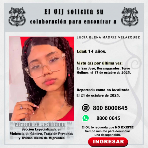 No localizada OIJ San José: Lucía Elena Madriz Velazquez