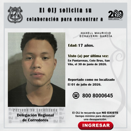 No localizado OIJ Corredores: Haxell Mauricio Echaverri García