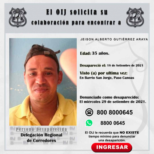 Desaparecido OIJ Corredores: Jeison Alberto Gutiérrez Araya