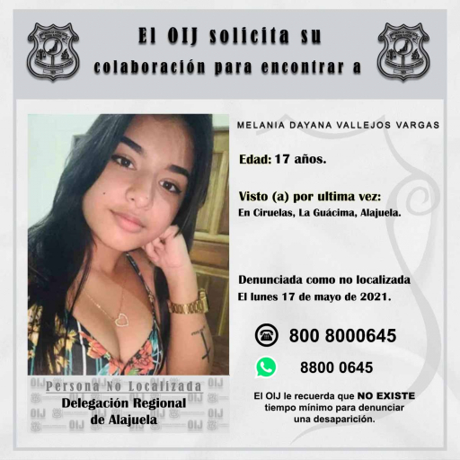 Persona No Localizada OIJ Alajuela: Melania Dayana Vallejos Vargas