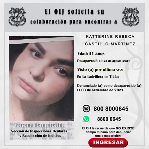 Desaparecida OIJ San José: Katterine Rebeca Castillo Martínez