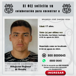 No localizado OIJ Heredia: Brandon José Zamora Vega