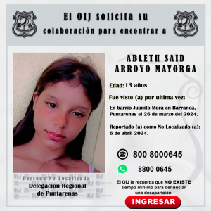 No localizada OIJ Puntarenas: Ableth Said Arroyo Mayorga