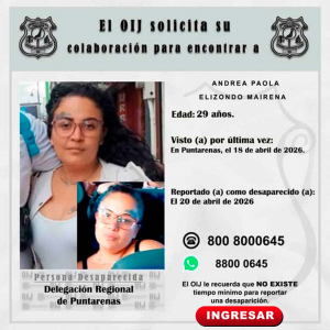 Desaparecida OIJ Puntarenas: Andrea Paola Elizondo Mairena