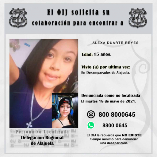 Persona No Localizada OIJ Alajuela: Alexa Duarte Reyes
