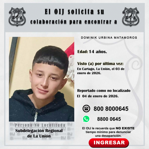 No localizado OIJ Pérez Zeledón: Dominik Urbina Matamoros