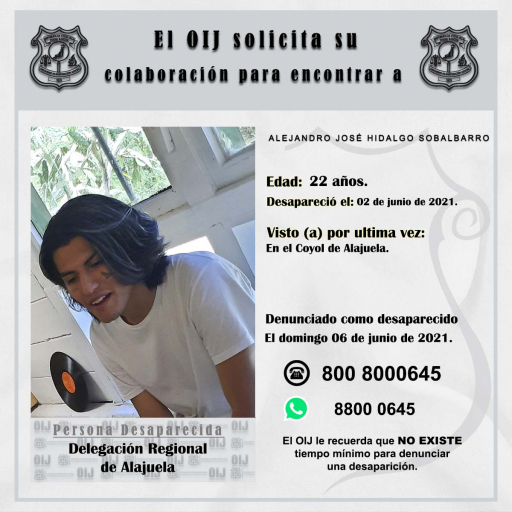 Desaparecido OIJ Alajuela: Alejandro José Hidalgo Sobalbarro