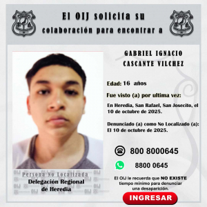No localizado OIJ Heredia: Gabriel Ignacio Cascante Vilchez