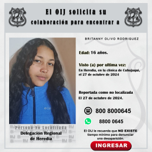 No localizada OIJ Heredia: Britanny Olivo Rodríguez