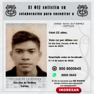No localizado OIJ San José: Jorge Isaac Gutiérrez Enrique