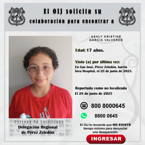 No localizada OIJ Pérez Zeledón: Ashly Kristine Garcia Valverde