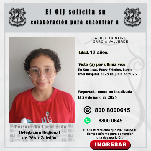 No localizada OIJ Pérez Zeledón: Ashly Kristine Garcia Valverde