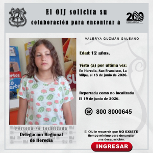 No localizada OIJ Heredia: Valerya Guzmán Galeano