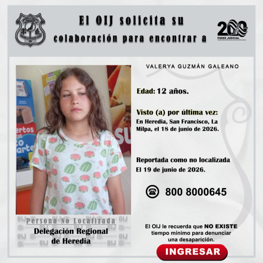 No localizada OIJ Heredia: Valerya Guzmán Galeano